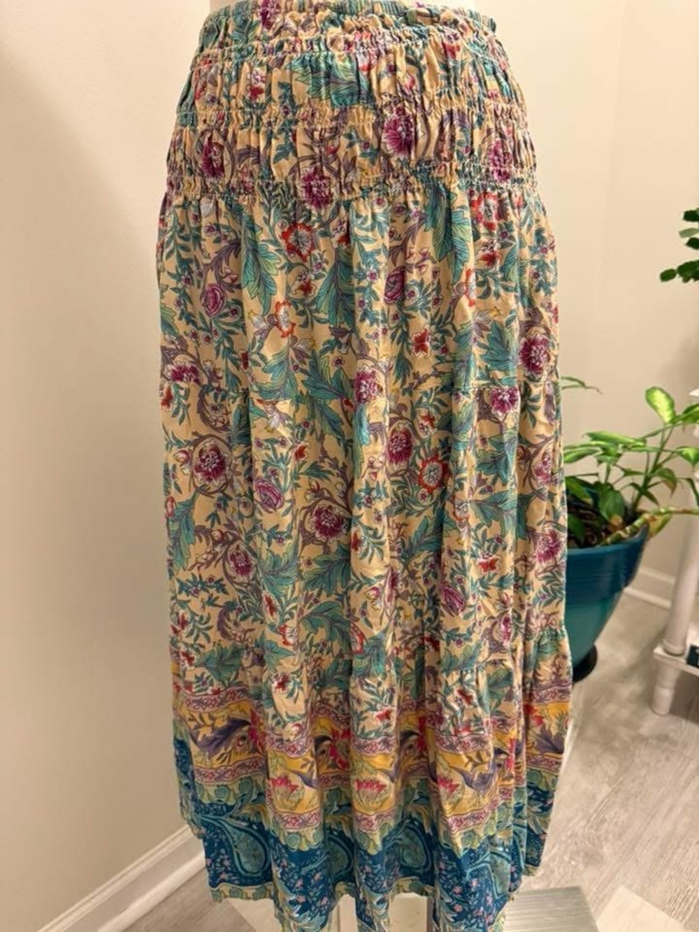 Floral Smocked Waist Midi Skirt in Cream and Teal